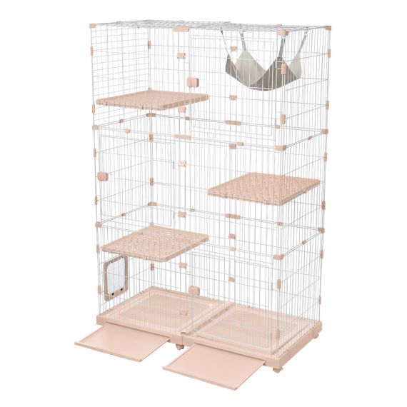 猫 ケージ キャットケージ 3段 幅広設計 自由組み合わせ 猫ドア付き ハンモック付き 大型 猫ゲージ 高級感 おしゃれ キャットハウス ネコ ハウス 多段 留守番 保護 脱走防止 多頭飼い 多頭 スチール 【ピンク】