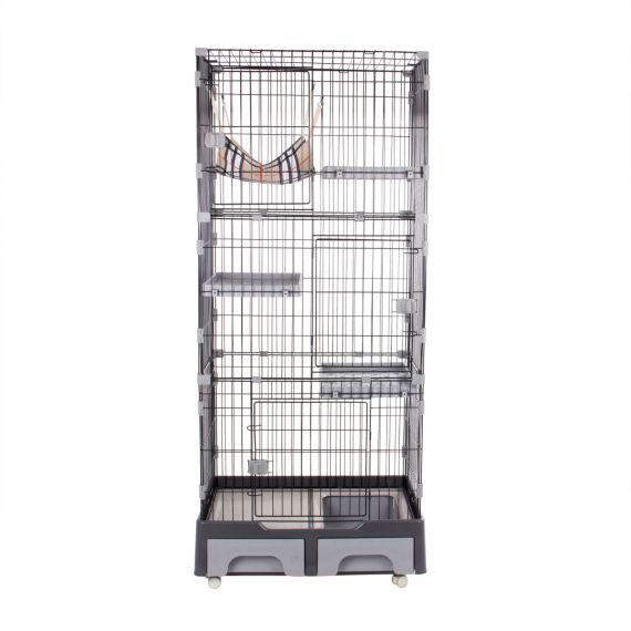 猫 ケージ トイレ付 ハンモック付 収納型 キャットケージ 3段 1段2段可能 キャスター付 キャットハウス ネコ【グレー】