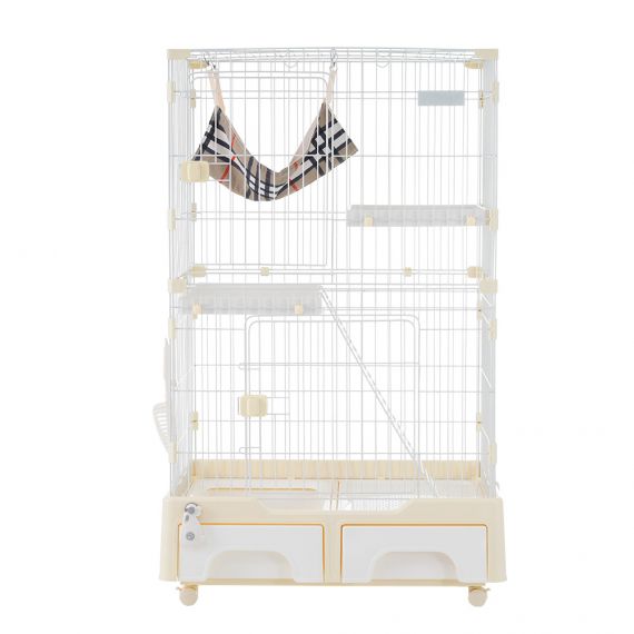 猫 ケージ キャットケージ 2段 猫トイレ付 キャスター付 ハンモック付 猫ゲージ おしゃれ キャットハウス ネコ ハウス 多段 留守番 保護 脱走防止 多頭飼い 多頭 スチール ペットケージ 新作【クリームイエロー】